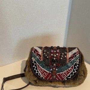 MARY FRANCIS RABBIT FUR BEADED CLUTCH BAG OR SHOULDER BAG, BROWN